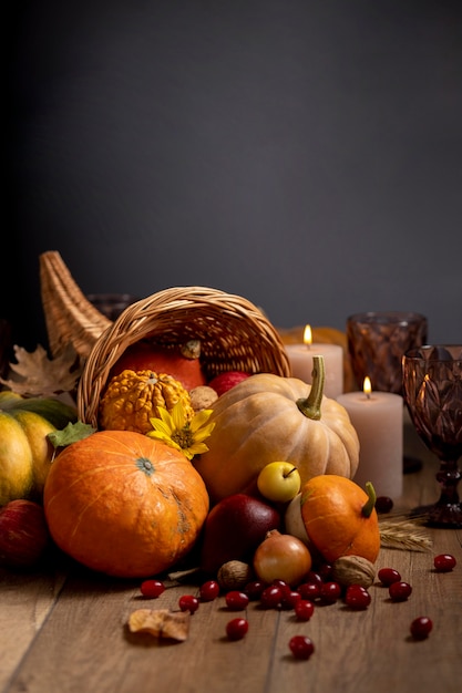 Free photo festive cornucopia arrangement with copy space