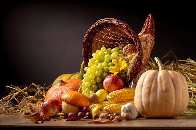 Festive cornucopia arrangement with delicious foods