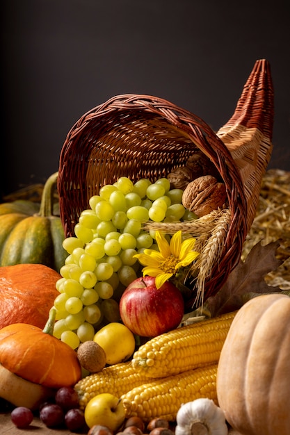 Festive cornucopia arrangement with delicious foods