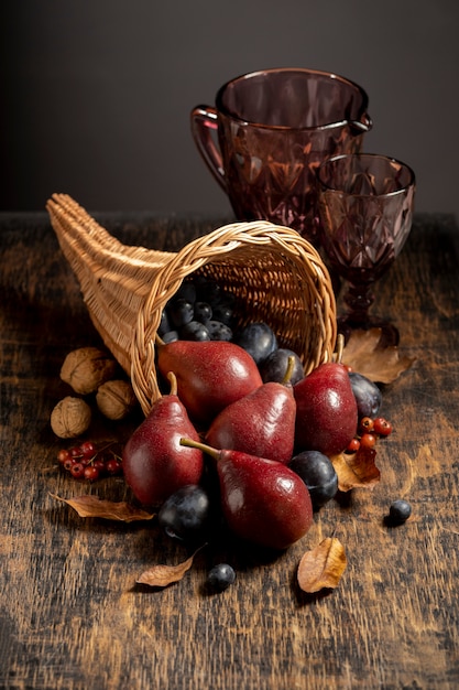 Festive cornucopia arrangement with delicious fruits