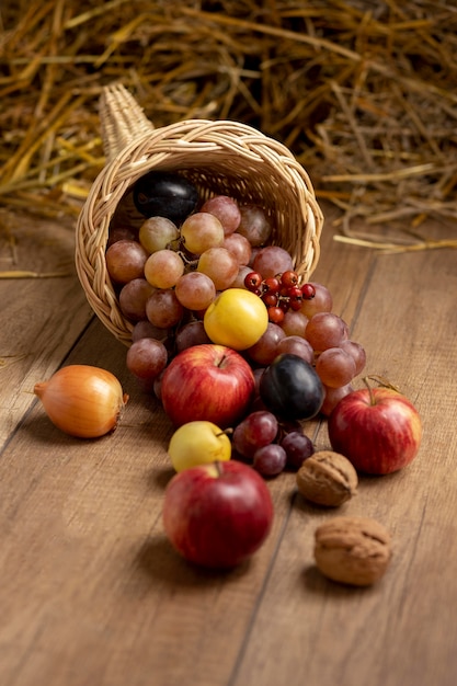 Festive cornucopia assortment with delicious fruits