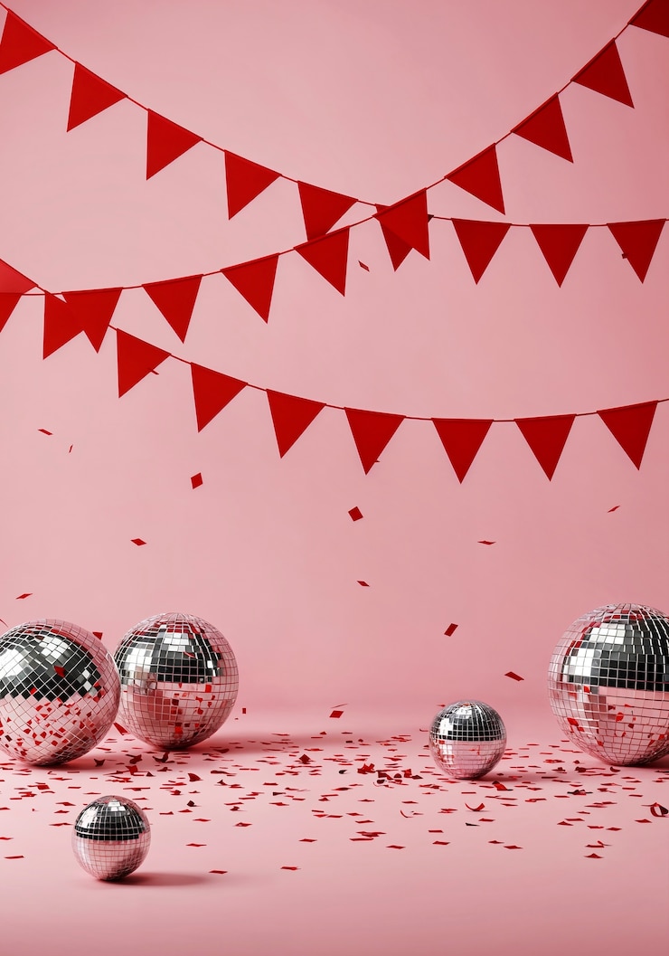 मुफ़्त फोटो festive disco party with confetti and red banners