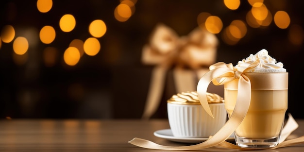 Free photo festive holiday drink topped with cream sits next to a wrapped gift ready for celebration