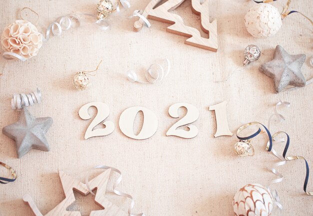 Free photo festive new year composition with new year number and decor details top view.