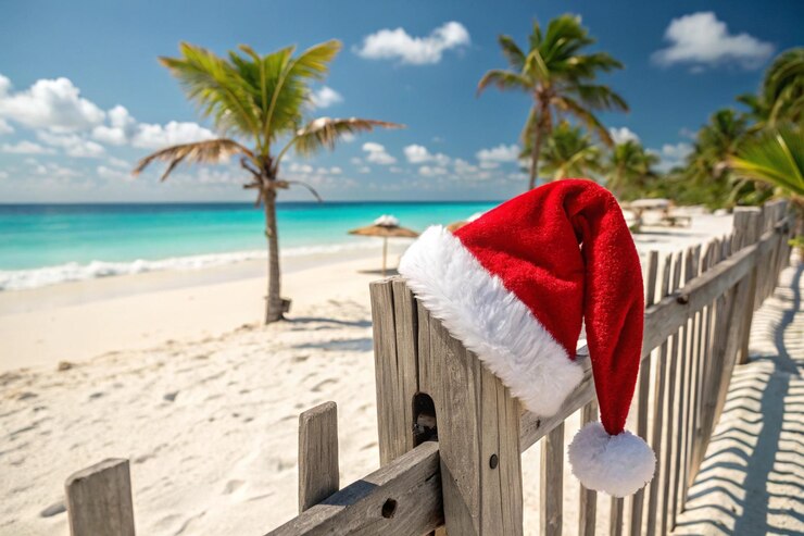 Free Photo a festive red santa hat resting on a wooden fence post set against the backdrop