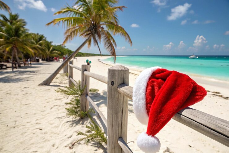 Free Photo a festive red santa hat resting on a wooden fence post set against the backdrop