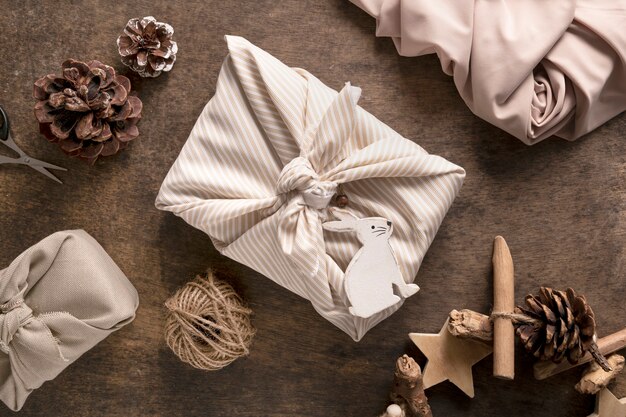 Festive still life christmas wrapped gift arrangement