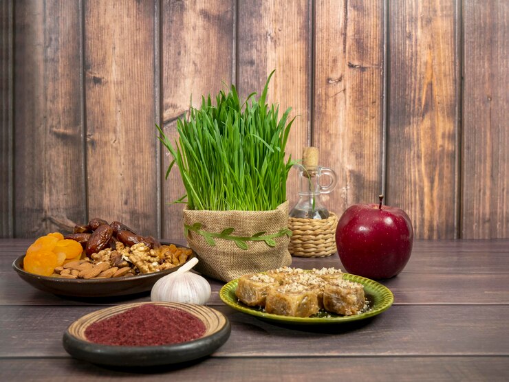  Festive table in honor of navruz wheat with red ribbon traditional holiday of vernal equinox nowruz