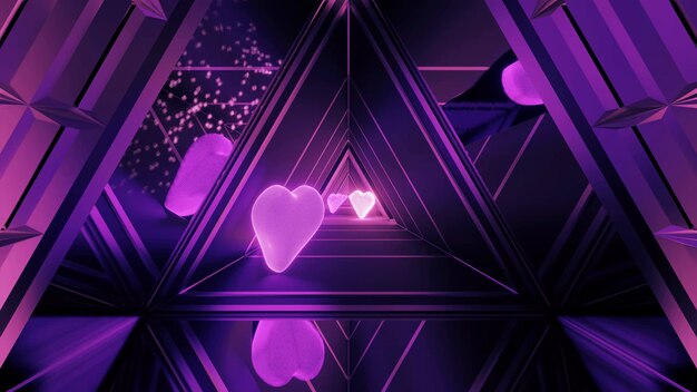Festively illuminated hallway with beautiful abstract purple light effects and hearts