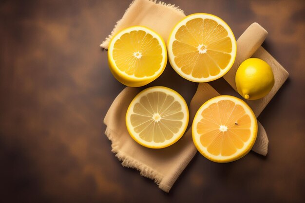 A few lemons on a table with a napkin