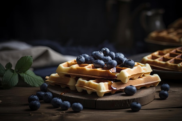 Ffles with blueberries on wooden table AI generative