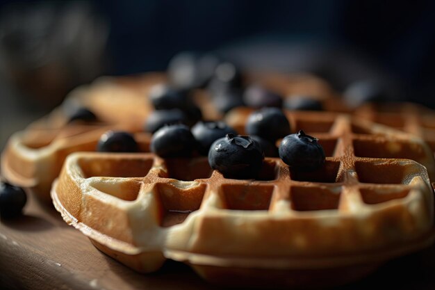 Ffles with blueberries on wooden table AI generative