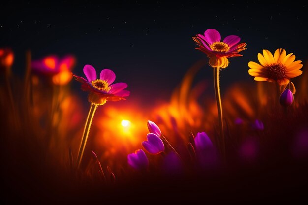 A field of flowers with a bright light behind them