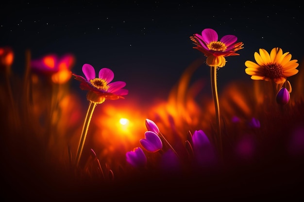 A field of flowers with a bright light behind them