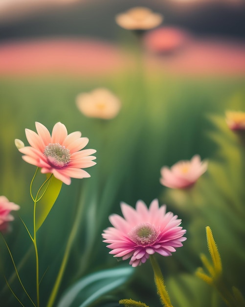 A field of flowers with a pink background