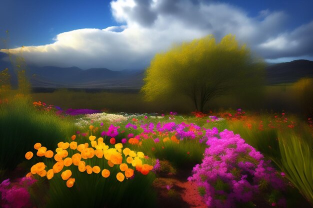 A field of flowers with a tree in the background