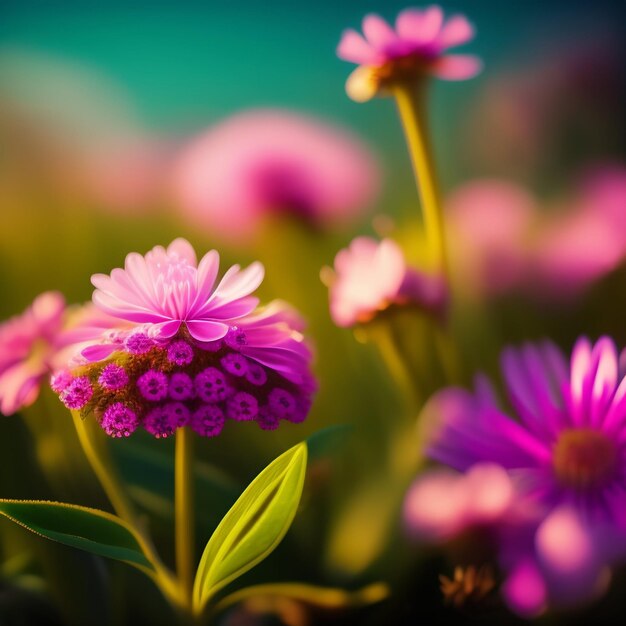 A field of purple flowers with a green stem and a pink flower.
