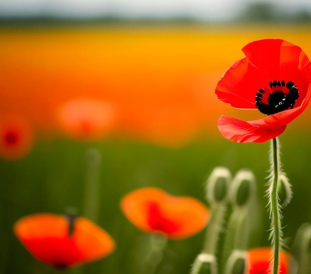 A field of red poppies with a yellow field in the background.