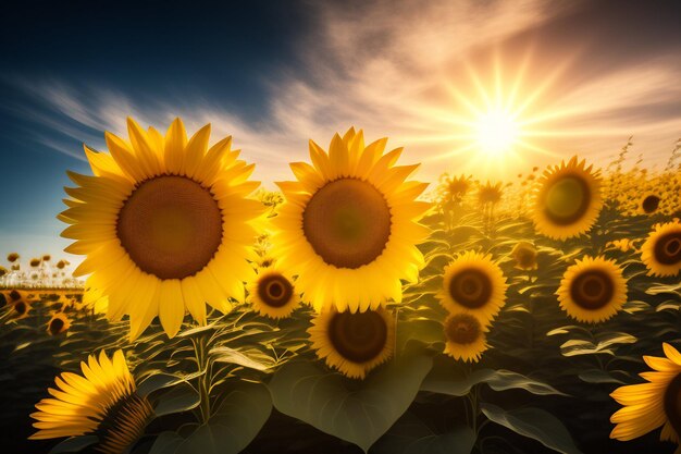 A field of sunflowers with the sun shining through the clouds