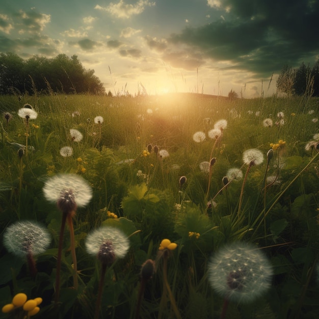 Free photo field with dandelions at sunset green field with grass and white dandelions