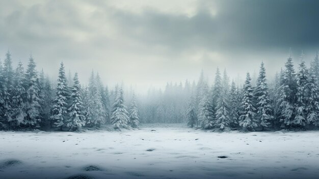 A field with Fir trees during a snowstorm