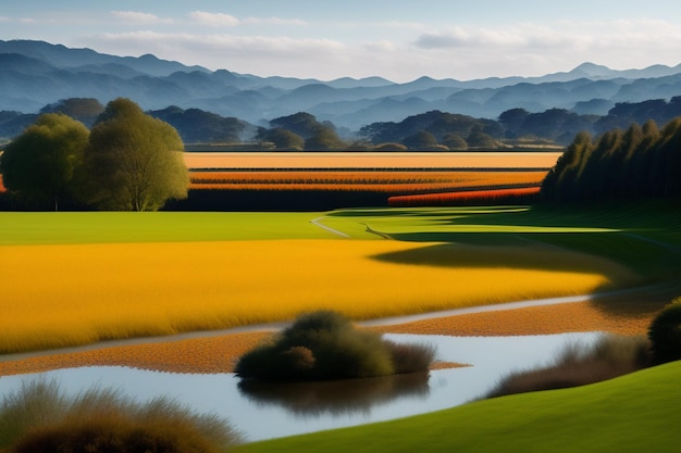 Un campo con un lago e montagne sullo sfondo