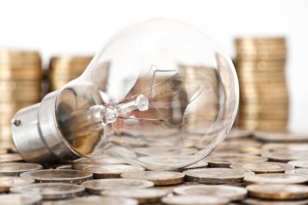 filament bulb lying on euro coins