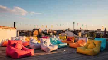 Free photo film screen with bean bag chairs on rooftop