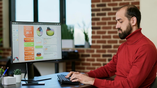 Financial analyst creating e commerce data graphs on screen, using computer to plan profit information on charts. Executive manager working with economy report, diagram and analysis.