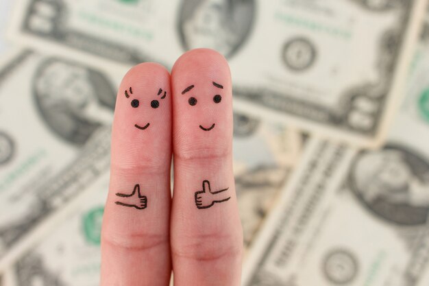 Fingers art of a happy couple. man and woman show sign of class on background of money.