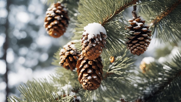 Fir cones full of snow