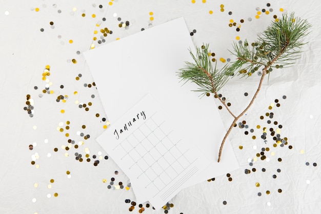 Fir tree branch with January calendar on table