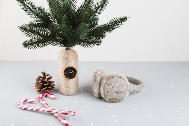 Fir tree branches in vase with candy canes