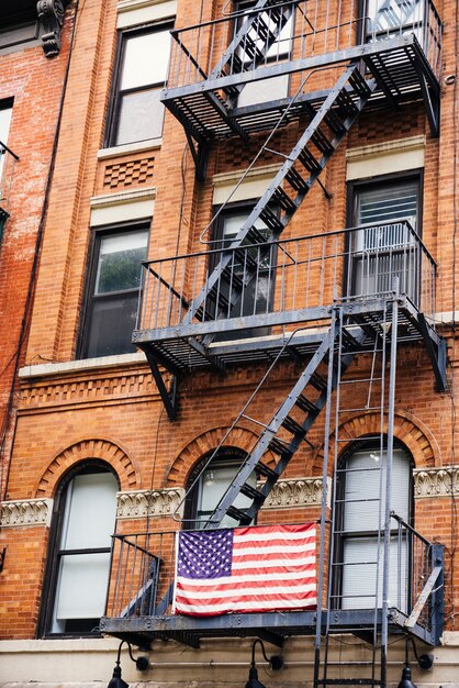 Fire escape with USA flag