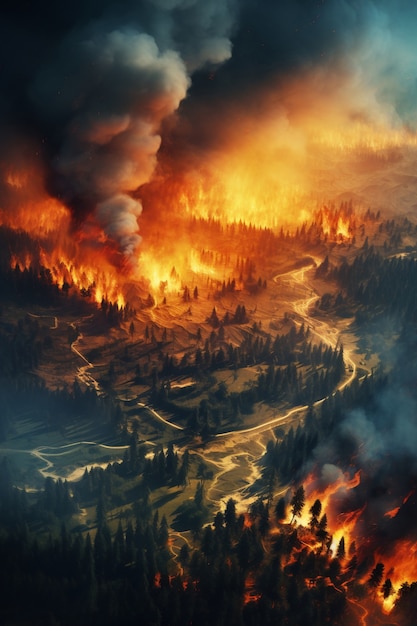 Fire ravaging nature landscape