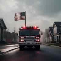 Бесплатное фото Пожарная машина с американским флагом на дороге 3d рендеринг