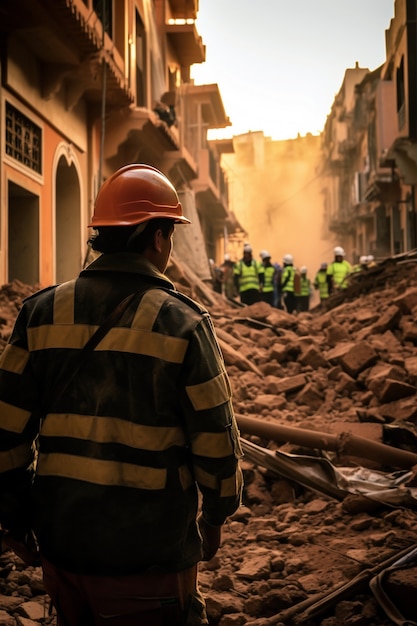 Free photo firefighter in marrakesh city after earthquake