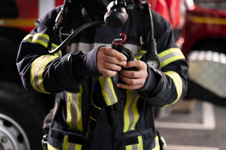Free Photo firefighter at the station equipped with protective suit and fire mask