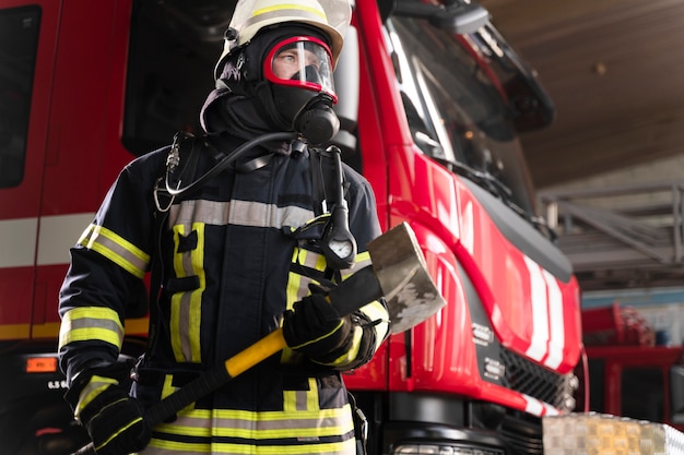 Пожарный на станции в защитном костюме и противопожарной маске