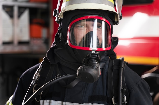 Foto gratuita vigile del fuoco in stazione dotato di tuta protettiva e maschera antincendio