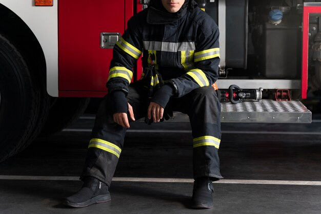 Firefighter with safety suit at the station