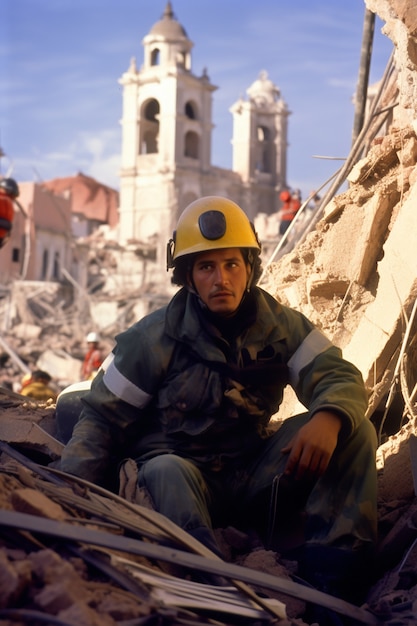 Foto gratuita vigile del fuoco al lavoro dopo il terremoto