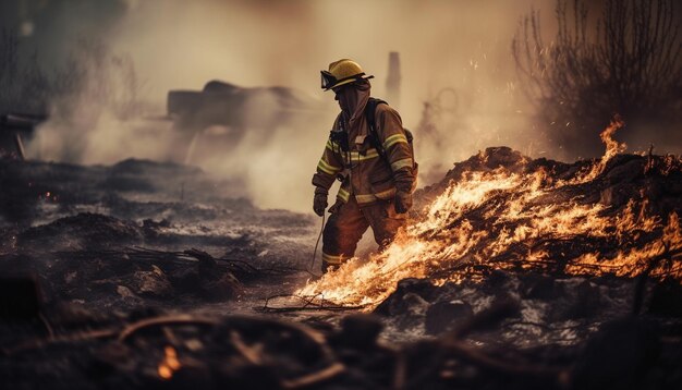 Firefighters in protective gear fight blazing inferno generated by AI