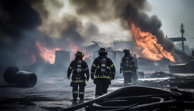 Firefighters in protective suits and helmets rescue people from infernos generated by AI