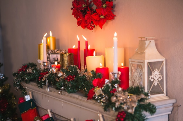 Fireplace decorated with christmas motifs