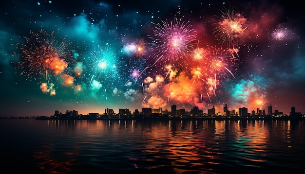 Free photo fireworks explode illuminating the cityscape in vibrant multi colored celebration generated by artificial intelligence