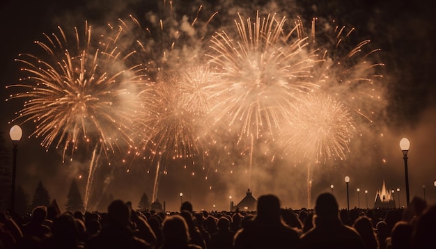 Fireworks exploding illuminating the dark night sky generated by AI