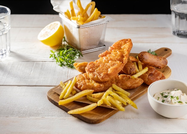 Fish and chips on chopping board with lemon and sauce