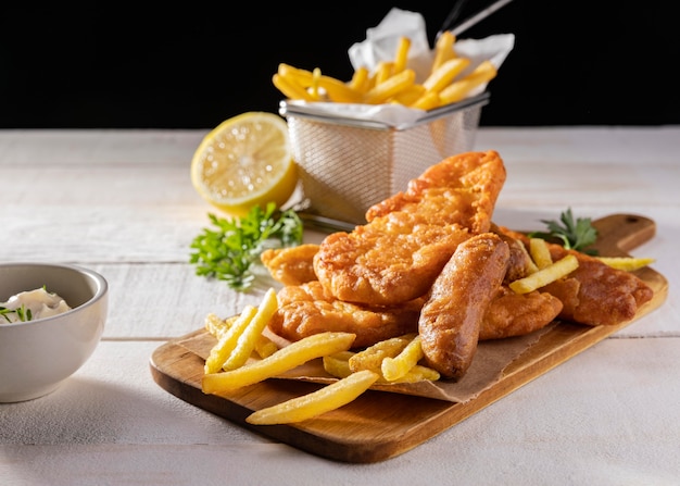 Fish and chips on chopping board with lemon