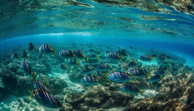 Fish swim in transparent reef waters generated by AI